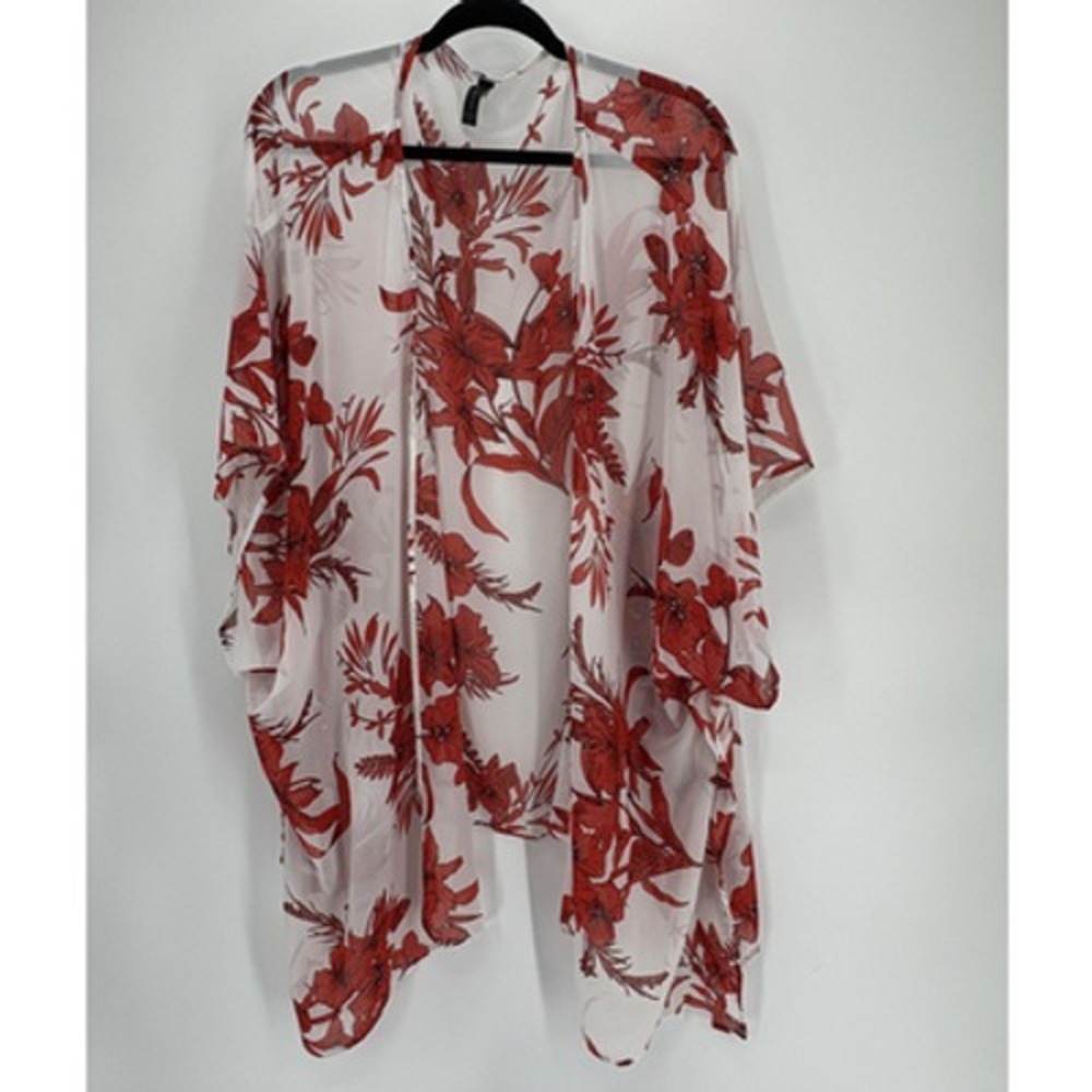 Lane Bryant Kimono Womens One Size White Red Floral Sheer Lightweight Cover Up
